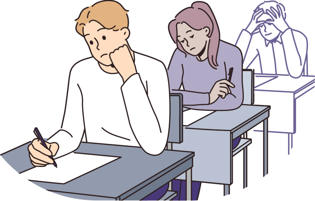 An illustration of a row of students taking a test.