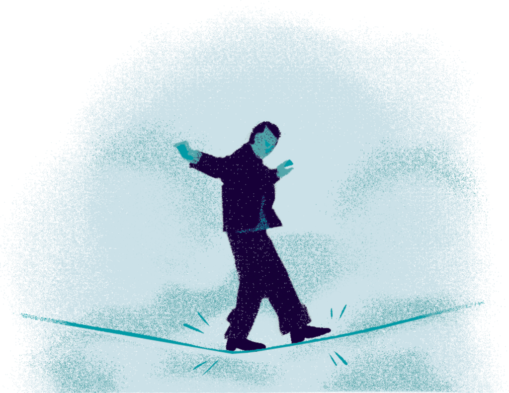 An illustration of a person crossing a tightrope, their arms outstretched for balance.